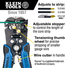 Klein Tools 11061 Self-Adjusting Stripper / Cutter, Heavy Duty, for 10-20 AWG Solid, 12-22 AWG Stranded, and Romex Wire 12/2 and 14/3