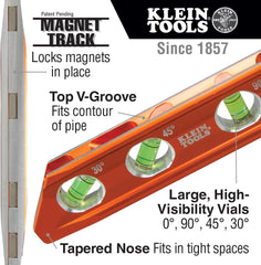 Klein Tools 935RB Torpedo Level, 8-Inch Billet Magnetic Level, 0/30/45/90 Degree Vials, V-Groove, Tapered Nose, High-Visibility Vial and Body